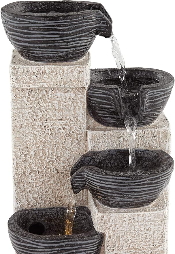 Four Cup 11" High Small Zen Modern Indoor Outdoor Decor Gray Faux Stone Tabletop Fountain with Light LED Waterfall Cascading Bowl Water Feature for Outside Garden Patio Yard Desk - John Timberland