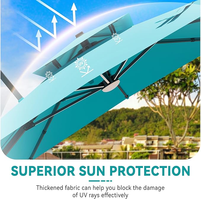 10x13 FT Cantilever Patio Umbrella with Base and Led Lights Double Top Outdoor Rectangular Large Heavy Duty Aluminum Offset Umbrellas with 7 Level Tilt 360-degree Rotation for Pool Garden Deck, Turquoise