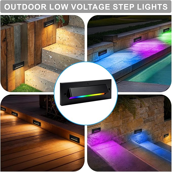 Outdoor Step Lights, 5W 12V Landscape LED RGB Color Changing Outdoor Low Voltage Deck Step Stair Lights Wired for Railing Fence Retaining Wall Christmas Decorations, Heavy Duty, Black, 1PK