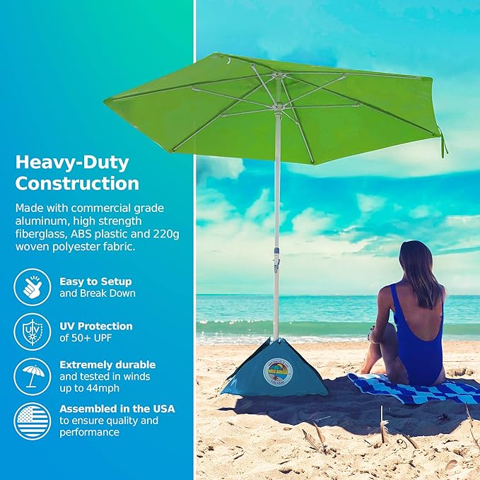 BEACHBUB ALL-IN-ONE BEACH UMBRELLA SYSTEM. Includes ULTRA Base (compliant with the ASTM F3681-24 Beach Umbrella Safety Standard). (Lime Lounger Green)