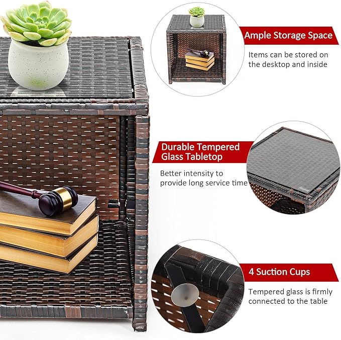 Tangkula 3-Piece Outdoor PE Rattan Furniture Set, Patio Conversation Set w/Chair & Storage Coffee Table, Detachable Cushion, Stable X-Shaped Frame, Perfect for Garden, Backyard, Poolside (Red)