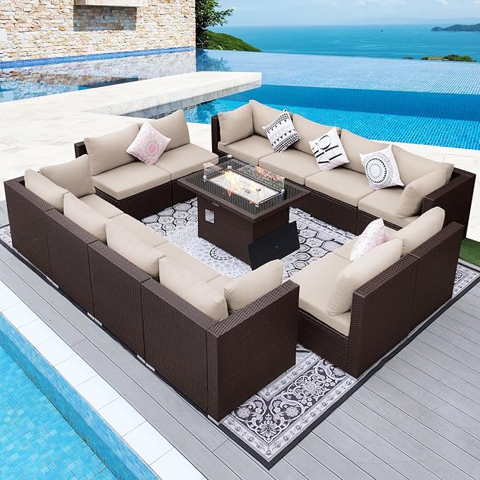 NICESOUL 13 Piece Patio Furniture w/Fireplace, Elegant Outdoor Seating w/Firepit, XL 29.3'' High Back Sectional Sofa, All-Weather Rattan Deck Couch, Modular Sturdy Conversation Set, Brown & Beige