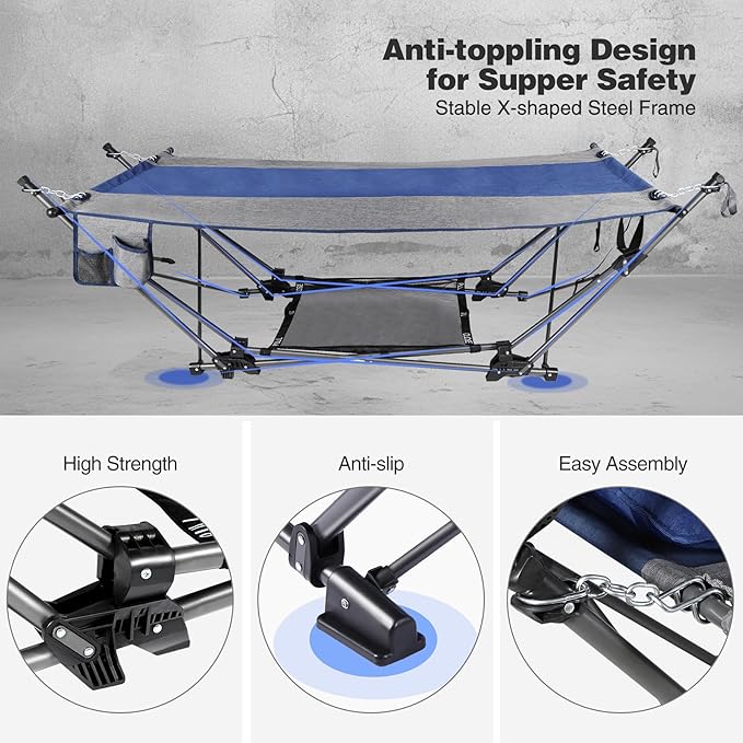 RedSwing Camping Hammock with Stand, Portable Hammock with Removable Canopy, Pillow and Storage Net,Foldable Heavy Duty Steel Frame Space Saving for Indoor Outdoor Backyard Beach Garden