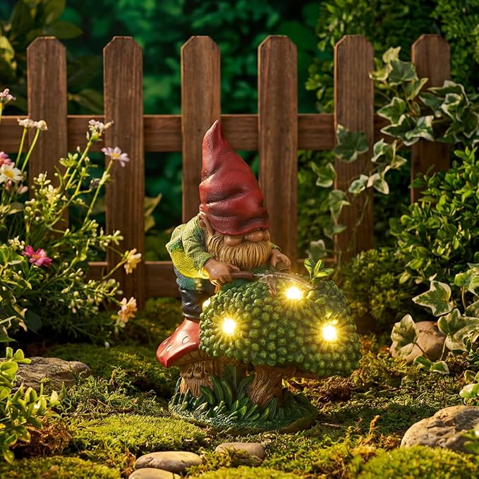 EXYGLO Solar Gnome Garden Statue Decor, 7.4" Gnome Gardener Outdoor Funny Decoration for Lawn, Patio, Yard, and Unique Housewarming, Birthday Ornament Gift for Mother, Friend, Family