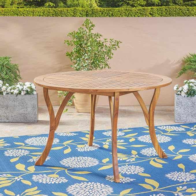 HRVEOCEI Round Outdoor Table & Teak Outdoor Furniture, 47 Inch Round Wood Dining Table, Weather Resistant Patio Furniture, Teak Finish Acacia