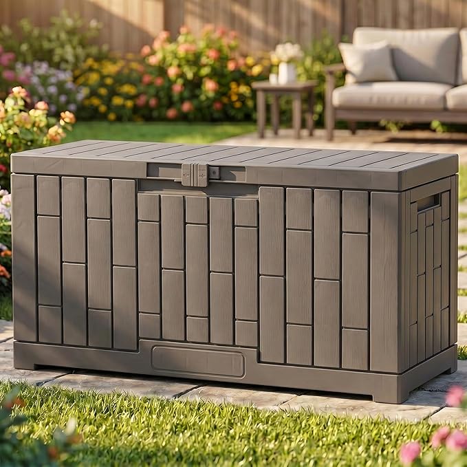 YITAHOME 60 Gallon Resin Deck Box, Weather Resistant Outdoor Rattan Storage Box with Slide-Locking Lid, Lockable Indoor Outdoor Storage for Supplies and Essentials, Taupe