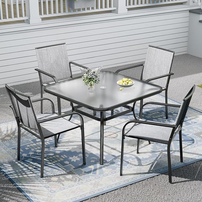 Outdoor Patio Set, 37" Square Glass Dining Table and 4pcs Stackable Chairs, All-Weather Patio Furniture Set with 1.7" Umbrella Hole for Garden Backyard Lawn Poolside