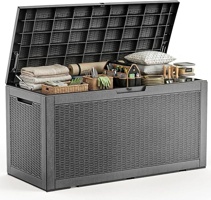 Outdoor Waterproof Resin Storage Deck Box Lockable Outside Bench UV Resistant Bin Patio Porch Furniture Pool Float Garden Tool Cushion (Black, 120 Gallon)