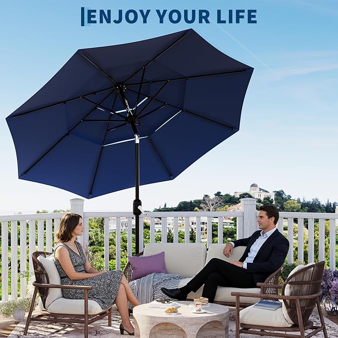 Garvee 10Ft 3-Tier Patio Umbrella, Outdoor Table Umbrella with Vents, Easy Crank and Push Button Tilt, Market Umbrella with 8 Sturdy Ribs for Pool, Deck, Yard, Garden -Navy Blue