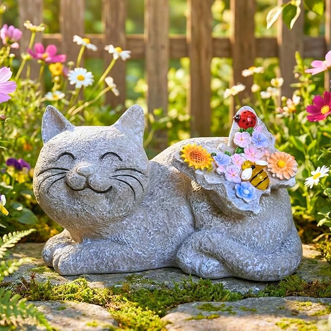 Solar Cat Garden Statue with LED Lights, Waterproof Resin Outdoor Cat Decor, Patio Lawn Yard Ornament, Unique Gifts for Women Mom