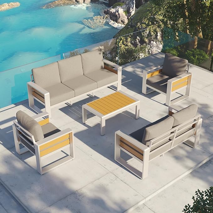 Aoxun Aluminum Patio Furniture Set, 7 Seats Luxury Metal Patio Conversation Sets with Coffee Table, Thick Cushions and Waterproof Cover, Modern Outdoor Furniture Set for Backyard/Poolside, Light Grey