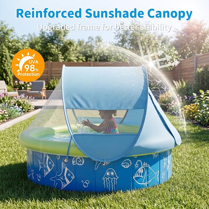 Kids Pool for Toddler, Foldable Kiddie Pool with Removable Canopy, Portable Baby Toddler Pool for Indoor Outdoor, Quick Setup No Tools, Easy Drain Non-Slip Splash Pool for Backyard & Travel (47in)
