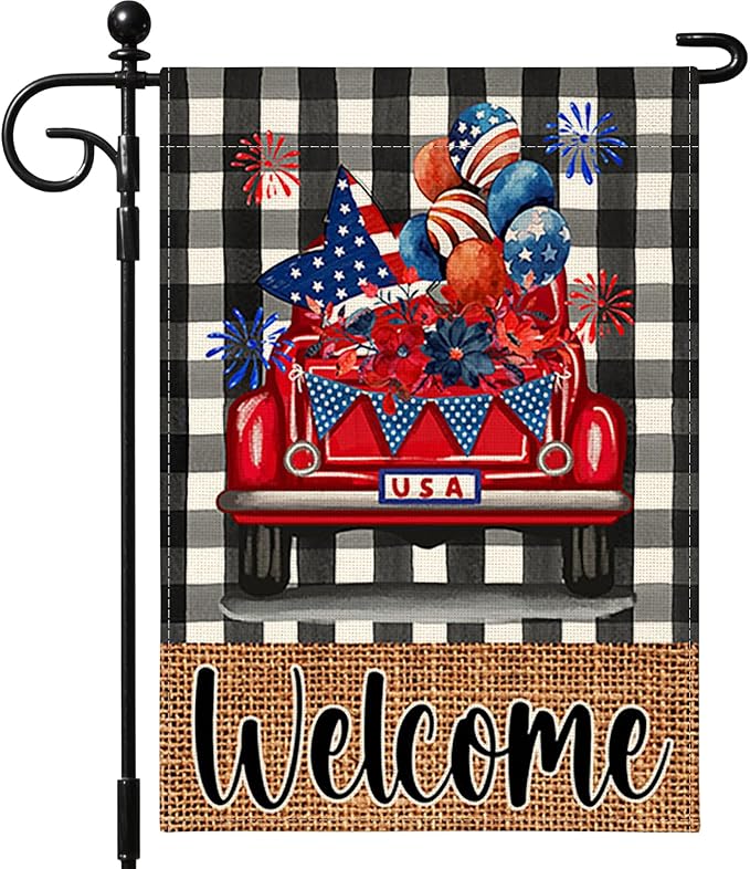 OTOSTAR Welcome Patriotic America 4th of July Garden Flag 12x18 Inch Double Sided Red White Blue Stars and Stripes Yard Outdoor Decorative Independence Day Memorial Day Garden Flag (Truck)