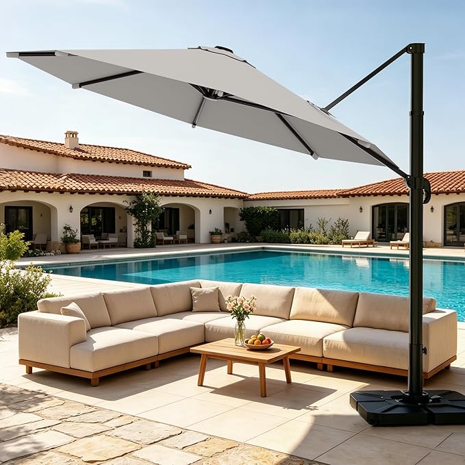 AreShark 11FT Round Cantilever Patio Umbrella with Base Included, 360° Rotation Offset Outdoor Umbrella, 5 Tilt Settings Heavy Duty Hanging Parasol for Deck Garden Pool, Light Grey