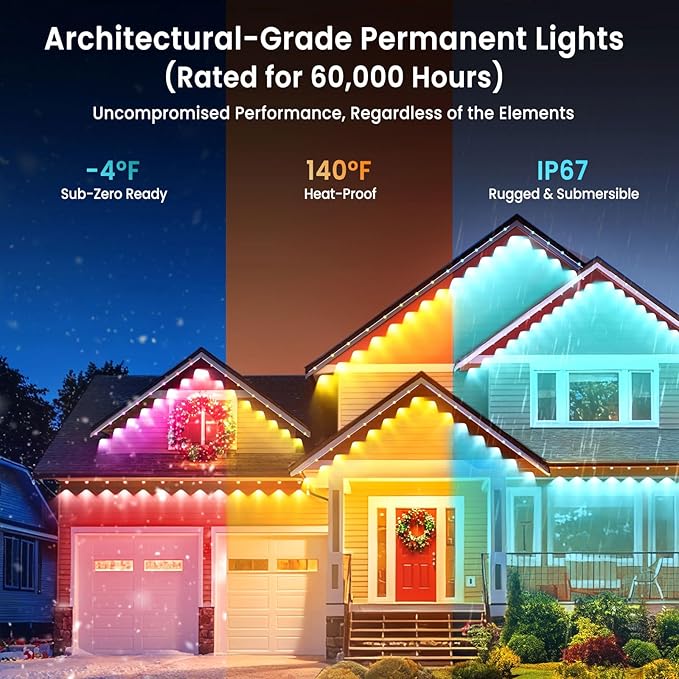 Smart Permanent Outdoor Lights for House, 200ft with 96 RGB+IC Outdoor Permanent Lights, P67 Waterproof with DIY Scene for Halloween Christmas Decor, Remote Control, Work with Alexa, Google Assistant