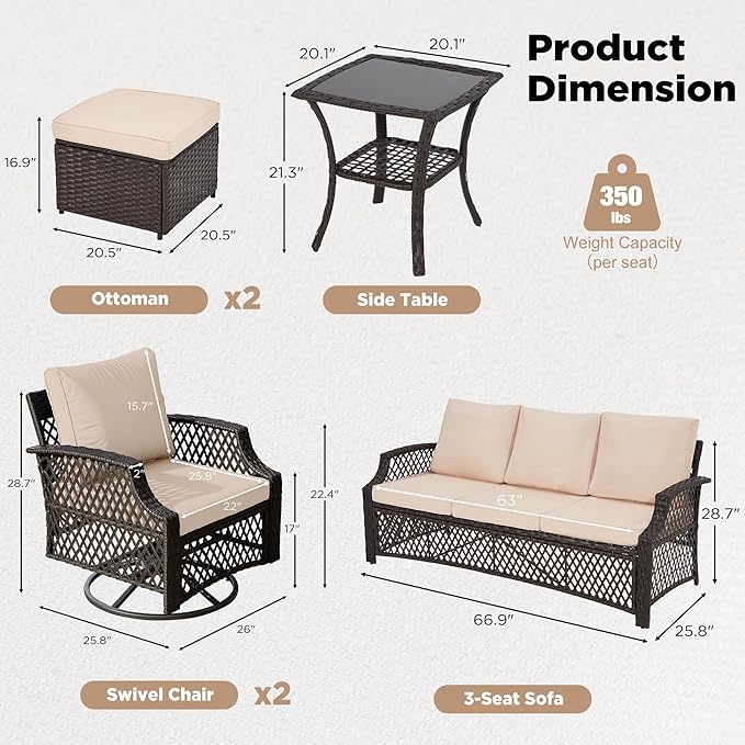 HOMREST 6 Piece Patio Furniture Set, Wicker Outdoor Conversation Sofa Set with Swivel Chairs, 2 Ottomans, Storage Coffee Table, Rattan Outdoor Sectional for Deck Backyard Porch （7 Seats, Khaki