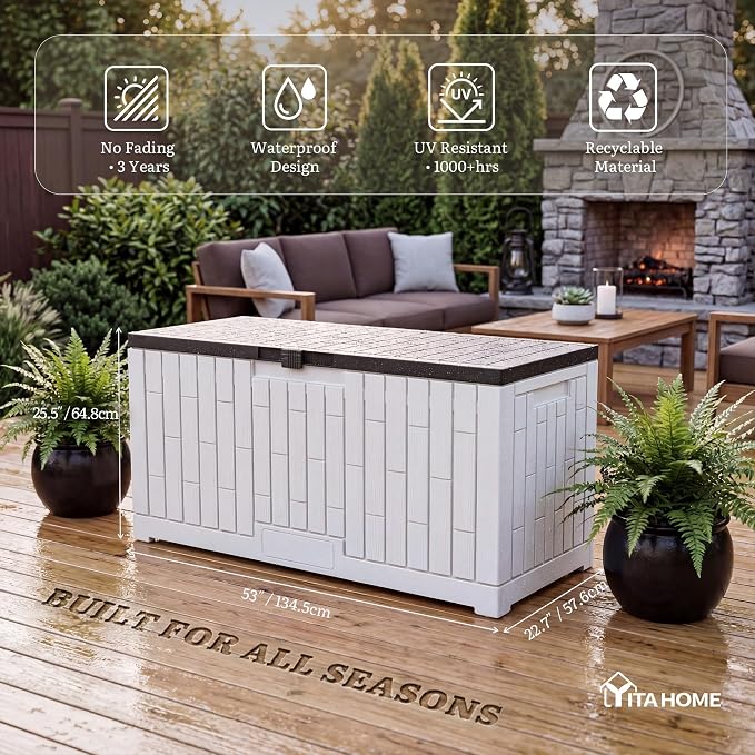 YITAHOME Large Deck Box 120 Gallon Resin Outdoor Storage Box w/Slide-Locking Black Lid, Patio Storage Bin for Outdoor Pillows, Garden Tools and Pool Supplies, Waterproof, Lockable, Grayish-White