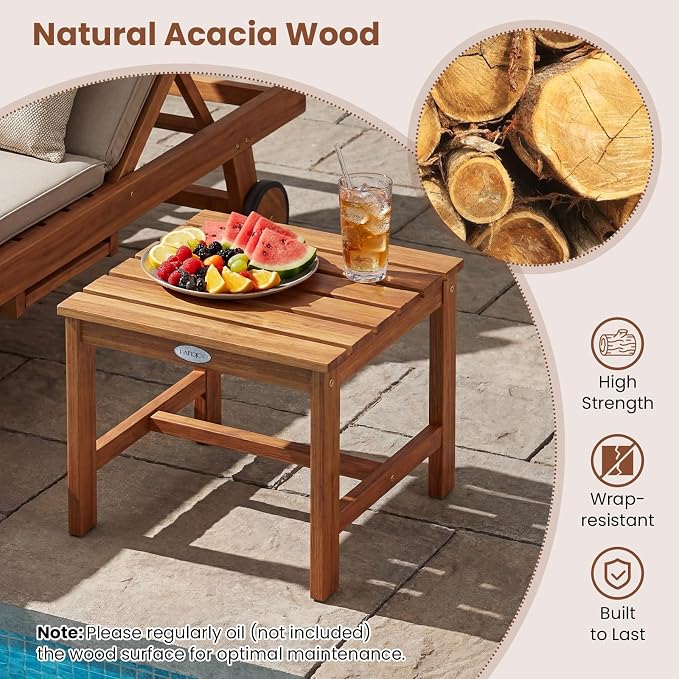 Tangkula Patio Acacia Wood Side Table, 17" Square End Table with Slatted Tabletop, Outdoor Wooden Accent Bistro Table for Backyard, Poolside, Garden, Porch, Indoor (Natural,2)