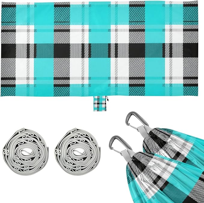 Black White Blue Checkered Plaid 330lb Capacity Camping Hammocks with Tree Straps Hanging Hammock for Camping & Hiking Essential Silla colgante para Patio Exterior
