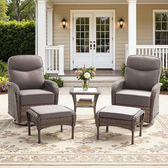 5-Piece Luxury Patio Furniture Set with 6-Inch Thick Cushions, High-Back Outdoor Swivel Rocker Chairs and Table, All-Weather Conversation Set for Porch, Deck, Balcony or Backyard – Gray