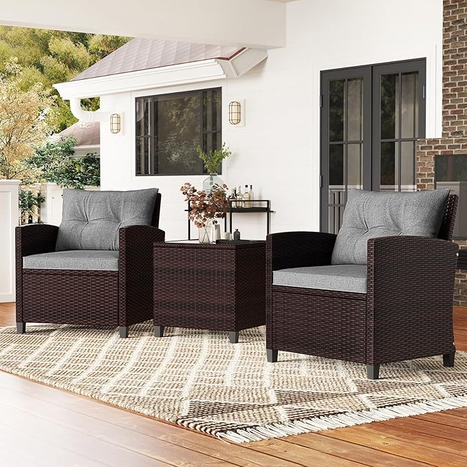3 Pieces Wicker Patio Furniture Set, Outdoor Sofa Set with Water-Resistant Cushion & Tempered Glass Table, Outdoor Conversation Set Bistro Set for Garden, Balcony, Poolside(Gray)