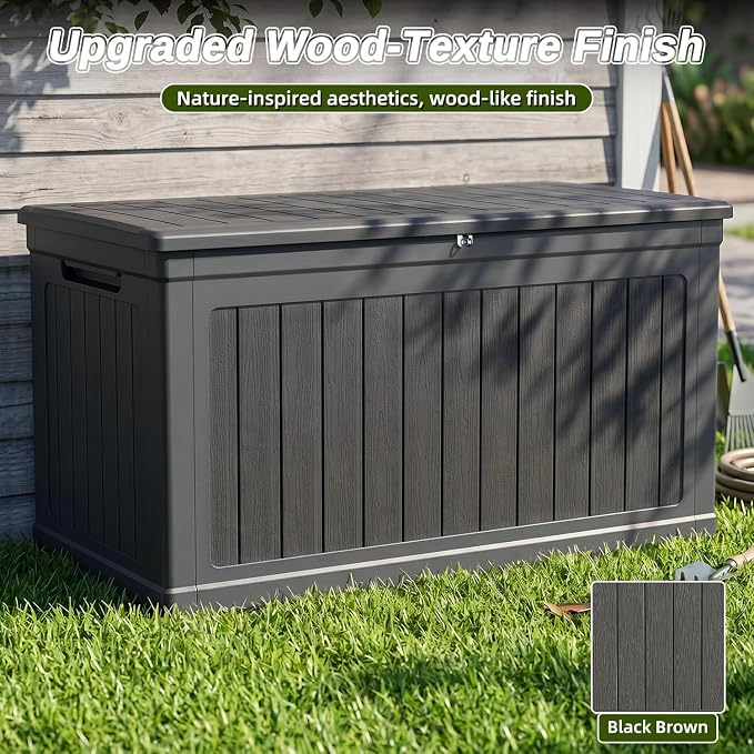 270 Gallon Deck Box, Extra Large Waterproof Outdoor Storage Box with Hydraulic Rod, Weatherproof Resin, Lockable Wood-grain Finish Container for Patio Furniture, Garden, Pool and Garage (Black)