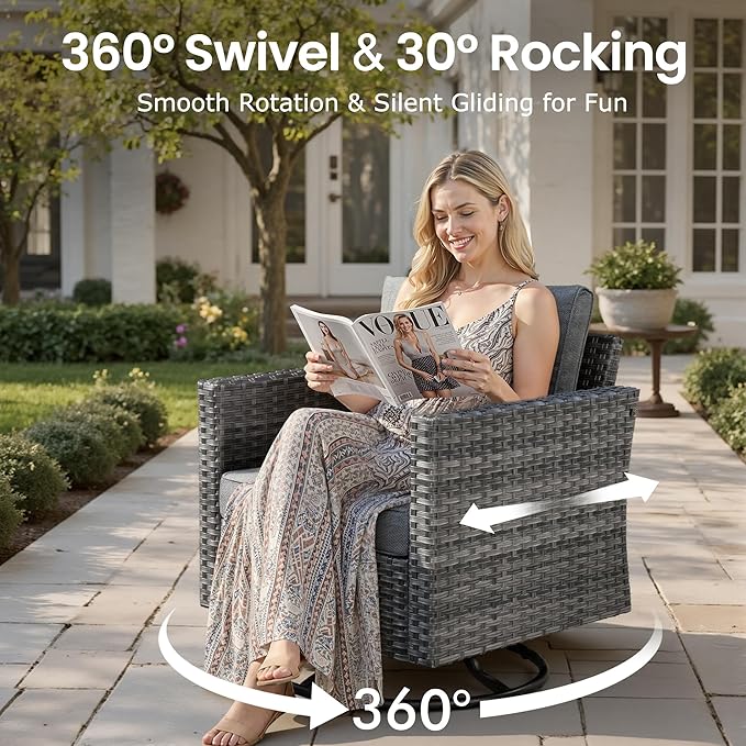 9 PCS Outdoor Patio Furniture Sets with Wicker Rocking Chair,Wicker Weather Resistant Patio Conversation Set with Comfy Cushions,Modular L Shaped Sofa with Coffee Table for Yard,Dark Grey