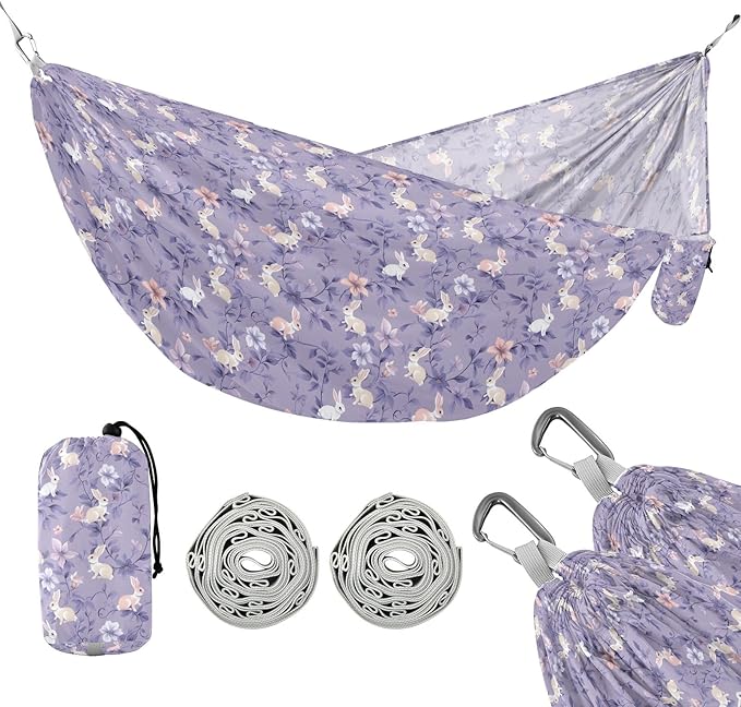 Camping Hammock Outdoor Hammocks for Outside Purple Flower Rabbit Beach Trees Portable Lightweight with Pockets Tree Straps Indoor