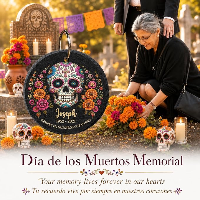 Personalized Sugar Skull Memorial Garden Stone, Dia de los Muertos Garden Stones for Loss of Loved Ones, Bereavement Sympathy Gift, Grieving Gifts, Weatherproof Outdoor Memorial Natural Stone
