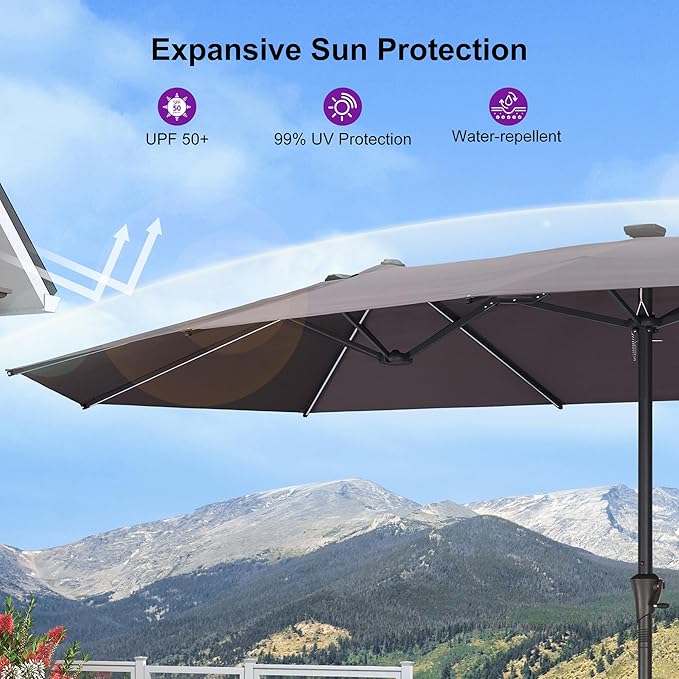 PURPLE LEAF 13ft Double-Sided Patio Umbrella with Solar Lights Outdoor Market Umbrella with Base and Crank Handle Table Umbrella for Backyard Pool Garden Deck, Light Grey