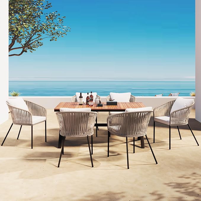 VilroCaz 7 Pieces Patio Dining Set, All-Weather Outdoor Conversation Set Gathering Set with Acacia Wood Tabletop and Metal Frame, Dining Table and Chairs for Garden Backyard Balcony (Beige Rope)