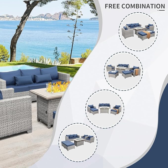 6-Piece Wicker Outdoor Patio Furniture Set with PE Rattan Sectional Sofa, Conversation Set and Fire Pit Table for Backyard Patio(Gray)