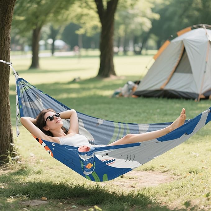 Cartoon Cute Grey Shark 330lb Capacity Outdoor Hammocks with Hanging Rope Cloth Hammock for Indoor Outdoor Patio amacas para patios con Base de adultos