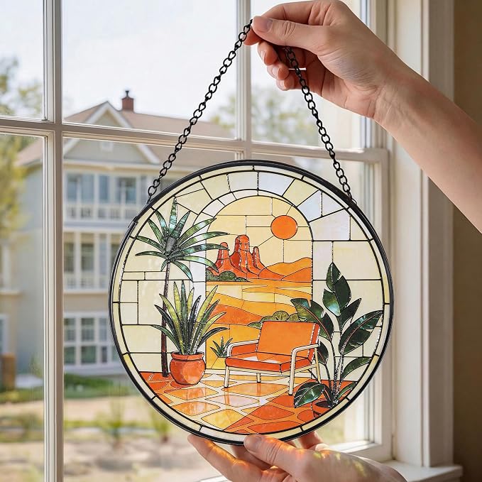 Stained Glass Window Hanging,20cm/7.87inch Desert Sunset Suncatcher with Chain Garden Diamond Glass Panel Hangings Decoration for Windows Home Decor Gifts for Family Friends Colleagues