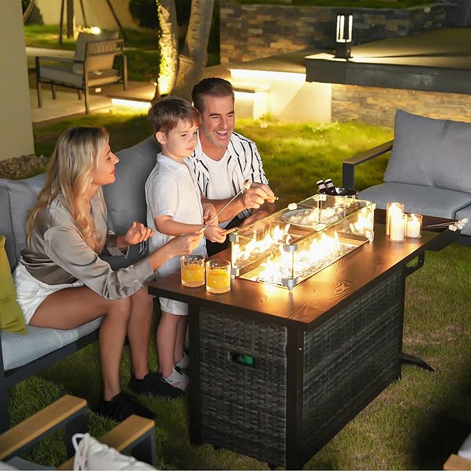 Sundale Outdoor Aluminum Patio Furniture Set, 5 Piece Outdoor Conversation Sets with Fire Pit and 6" Thick Olefin Cushions, All Weather Outdoor Sectional Set for Deck, Lawn, Yard (Grey)