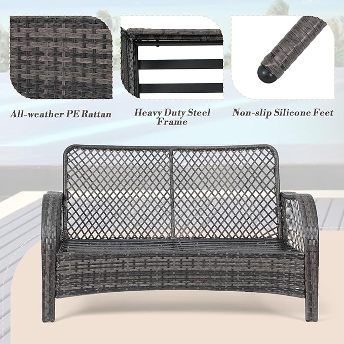 Athena Collection Outdoor Furniture Set Patio Loveseat and Table Set of 2, PE Rattan Sofa Conversation Set Double Chair Match Thickened Cushion and Coffee Table for Garden Porch Yard, Gray