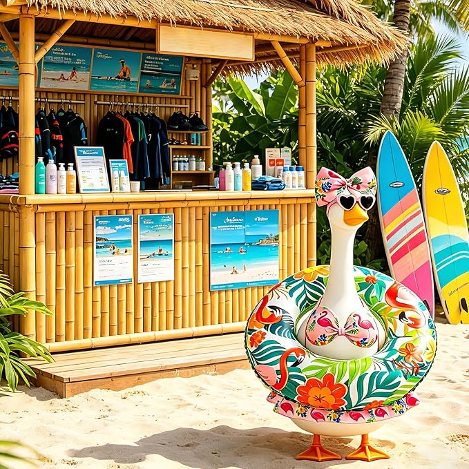 Porch Goose Summer Outfit, 23 Inch Hawaiian Bikini Costume, Accessories Include Bow, Sunglasses & Swim Ring, Fits Cement Goose Statue for Garden Patio Yard Outdoor Decor (Flamingo)