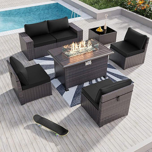 Kullavik 7 Pieces Outdoor Patio Furniture Set with 43" 55000BTU Gas Propane Fire Pit Table PE Wicker Rattan Sectional Sofa Patio Conversation Sets, Black