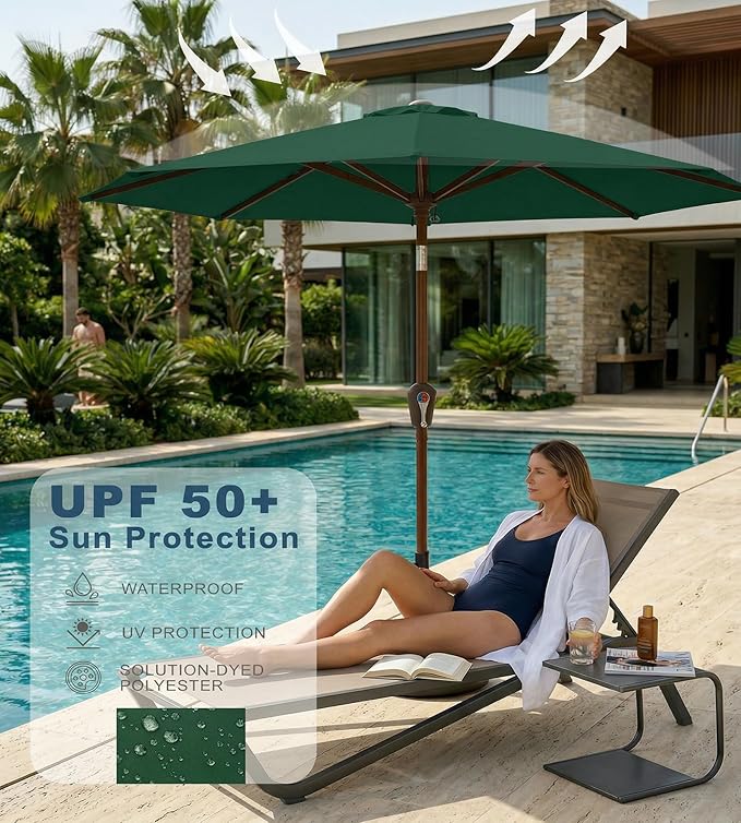 PatioKingdom 10FT Patio Umbrella with Push Button Tilt and Crank, Outdoor Market Umbrella with 8 Fiberglass Ribs, UV Protection Table Umbrella for Pool,Backyard,Garden,Deck