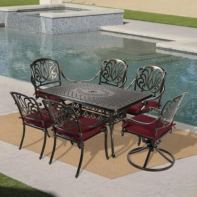 VIVIJASON 7 Pieces Cast Aluminum Outdoor Furniture Dining Set, Patio Conversation Set, Include 4 Stationary Chairs, 2 Swivel Dining Chairs and a Rectangle Table with 2" Umbrella Hole, Red Cushion