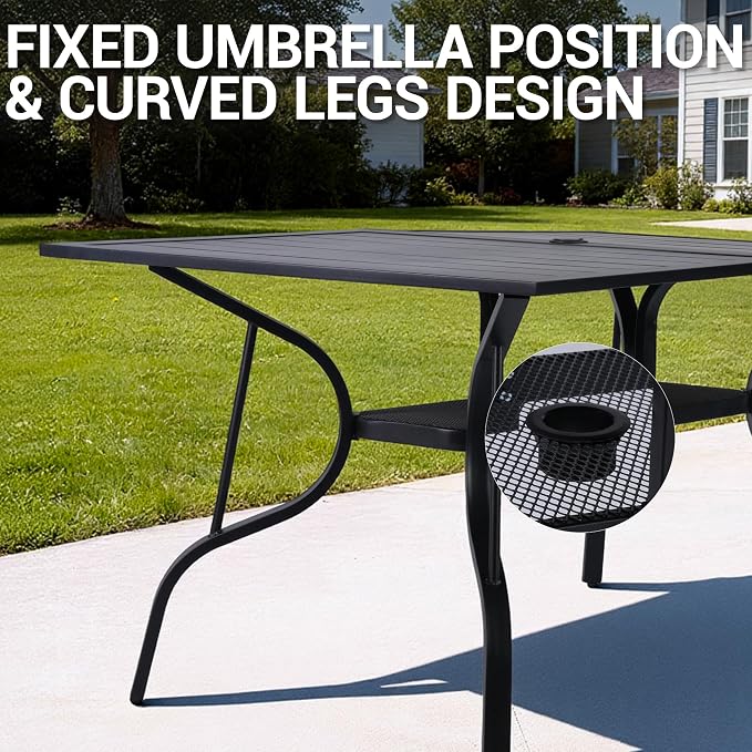 63"x38" Black Patio Outdoor Dining Table, Metal Rectangle Patio Dining Table with Adjustable Umbrella Hole for Garden, Partitioned Storage Shelf, Backyard and Porch, Black