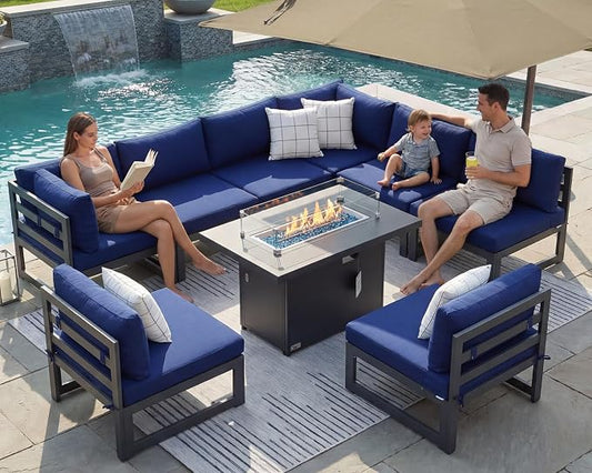 NICESOUL 9 Piece Oversized Modern Aluminum Outdoor Patio Furniture Set with Fire Pit Table, 29" Wide Deep Seat, Fade Resistant Comfy Sectional Sofa, 500 lbs Sturdy Backyard Conversation Set, Navy Blue