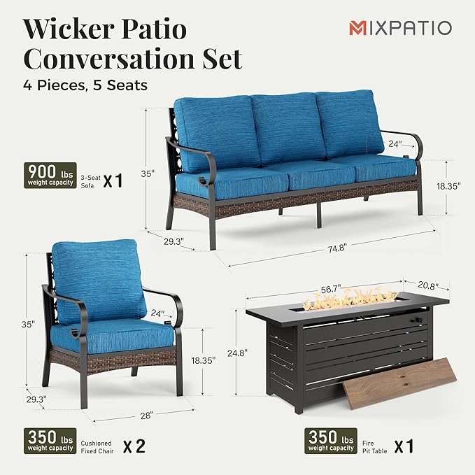 Patio Furniture Set with Firepit Table, Black Frame Outdoor Conversation Set with 2 x Fixed Chairs, 1 x 3-Seat Sofa for Lawn Garden Backyard, Pacific Blue