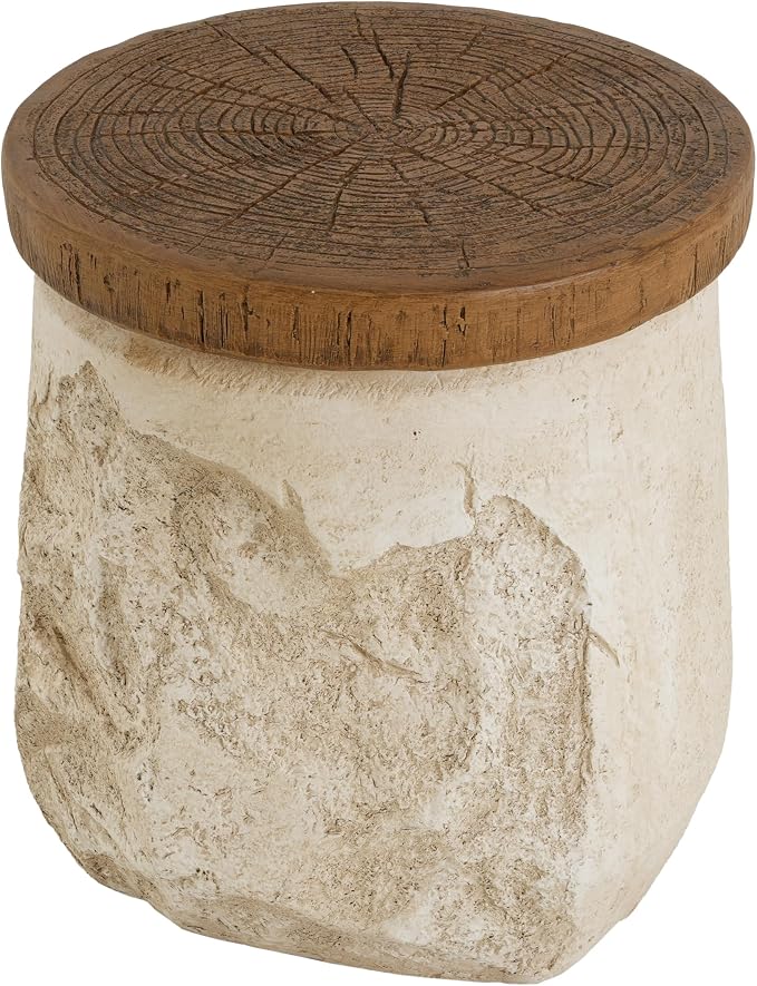 Merax Outdoor Patio MGO Side Table, 18.5" Height Round Side Table with Stone-Effect Base & Faux-Wood Grain Top, Rustic Modern Patio End Table Stand for Balcony Poolside, Fully Assembled, Beige+Wood