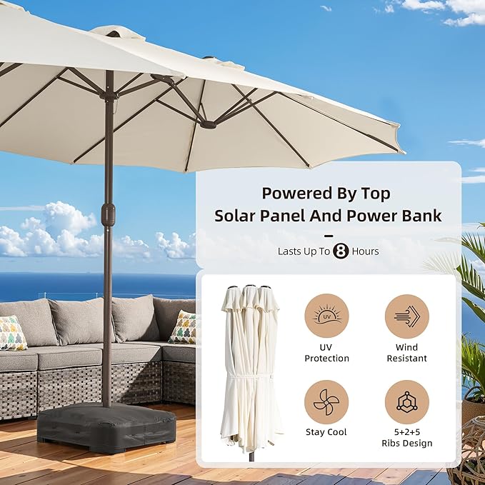 15Ft Patio Umbrella - Large Beach Umbrella W 12 Sturdy Ribs,UPF50 Outdoor Table Umbrella,Picnic Market Umbrella W Base Crank Handle for Pool,Yard,Garden