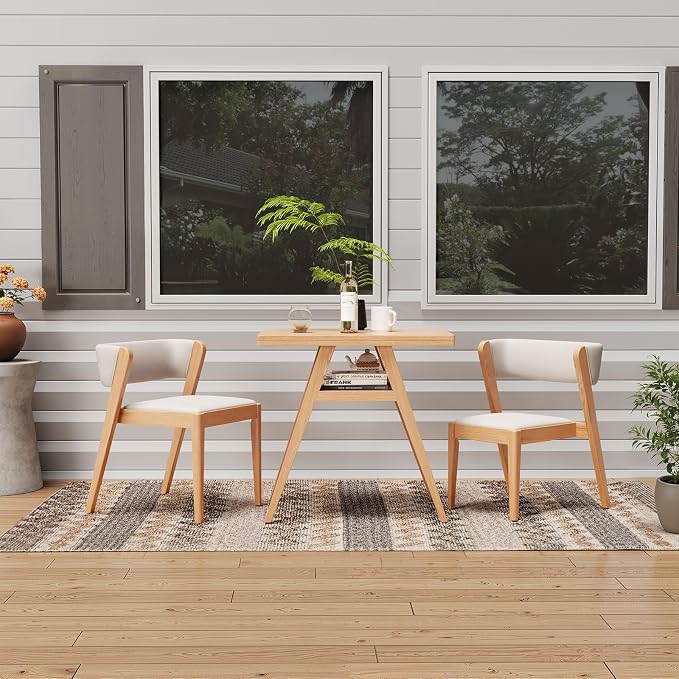 Solid wood Bistro dining table set 3 pcs Outdoor Patio Dining table Set of 2 with upholstered chairs Stackable Chair and Table Design Patio Conversation Set for Lawn,Deck,Backyard,Natural wood color