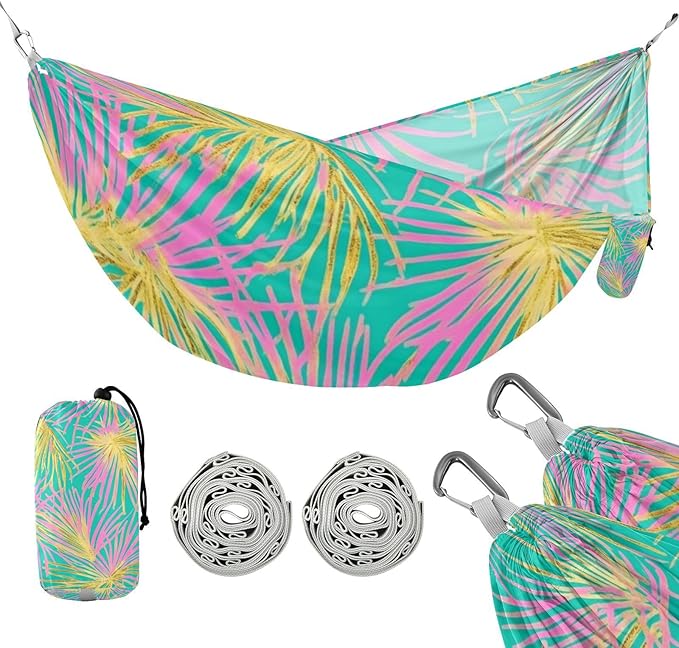 Tropical Palm Tree Pink and Gold Leaves 330lb Capacity Hammocks Fabric Hammock for Patio Backyard Lounge Base hamacas para adultos con soporte