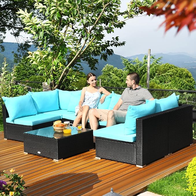 Tangkula 7 Piece Patio Furniture Set - Outdoor Sectional Sofa with Pillows and Cushions, Wicker Sofa Conversation Set with Coffee Table