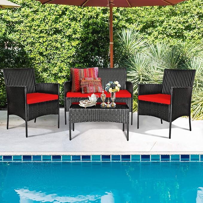 HAPPYGRILL 8 Piece Patio Furniture Set Rattan Wicker Conversation Set with Tempered Glass Top Table, Outdoor Wicker Sofa Set with Removable Cushions for Poolside Garden Backyard