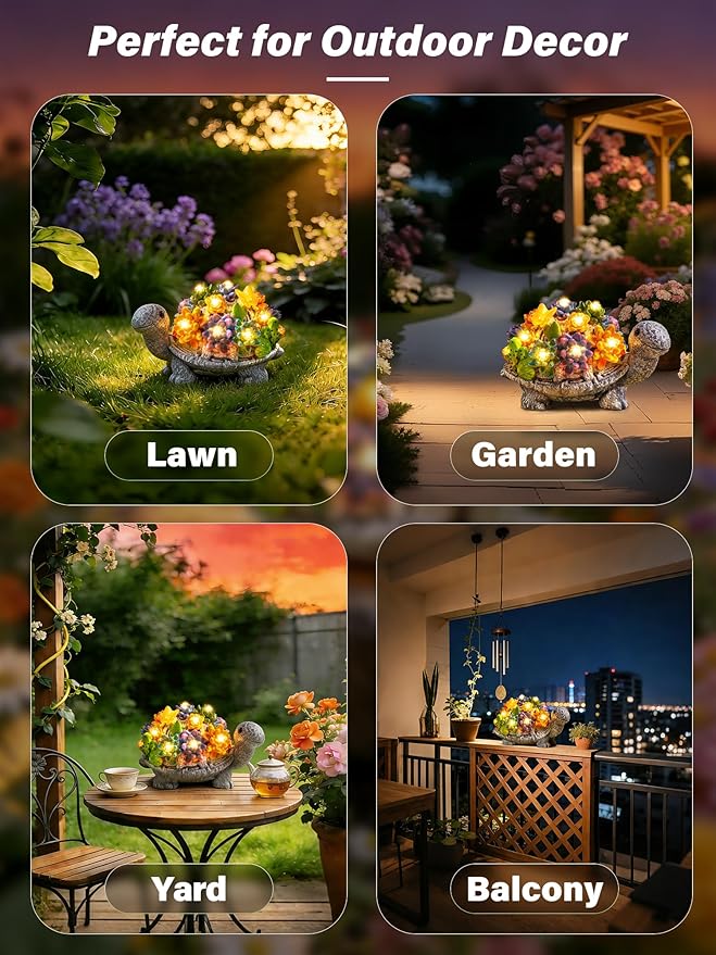 Guhope Solar Garden Statues, Outdoor Solar Turtle Decor with Succulent and 8 LED Lights, Outside Yard Figurine Decor for Garden, Lawn, Patio, Balcony, Porch, Unique Gifts for Mom Grandma